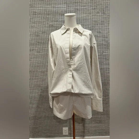 🩷 (Set) Good American Women's Stripe Poplin Weekend Button Down & Shorts 🩷 - Picture 2 of 6